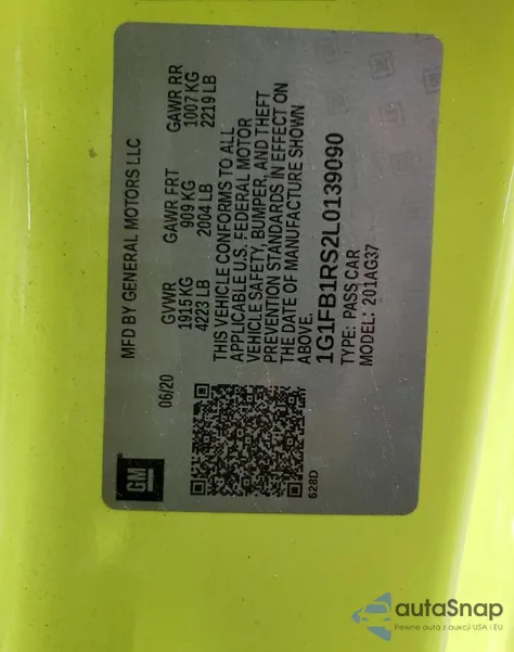 2020 Chevrolet Camaro Ls из США, поврежденный, VIN 1G1FB1RS2L0139090